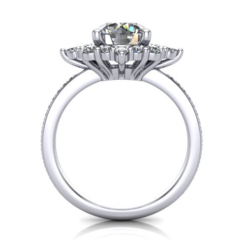 Kali round vintage halo engagement ring in Platinum, through-finger front profile showing the scalloped halo head and openwork gallery above the pav&eacute; band