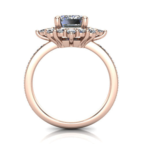 Kali emerald vintage halo engagement ring in 18K Rose Gold, through-finger front profile showing the scalloped halo head and openwork gallery above the pav&eacute; band