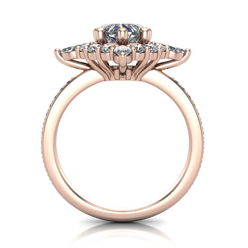 Kali heart vintage halo engagement ring in 18K Rose Gold, through-finger front profile showing the scalloped halo head and openwork gallery above the pav&eacute; band
