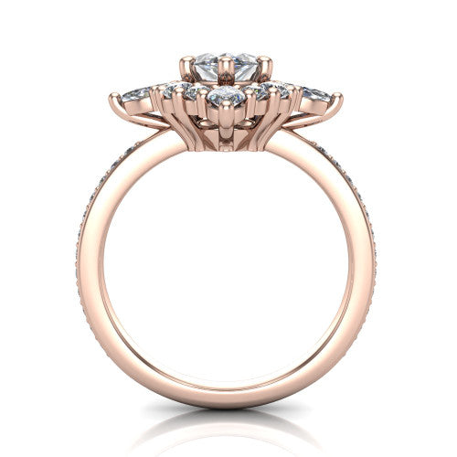 Kali marquise vintage halo engagement ring in 14K Rose Gold, through-finger front profile showing the scalloped halo head and openwork gallery above the pav&eacute; band