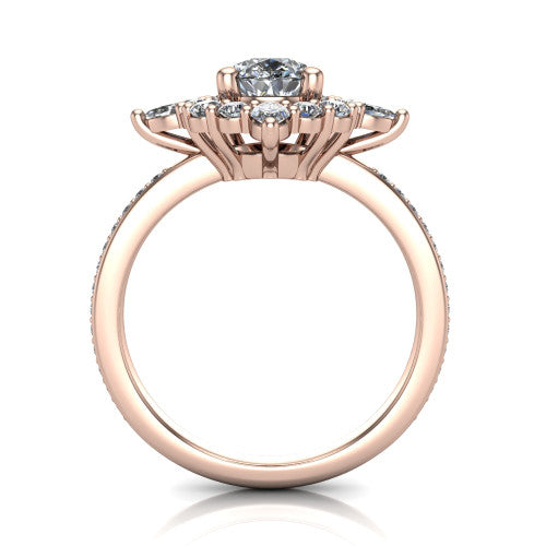 Kali pear vintage halo engagement ring in 14K Rose Gold, through-finger front profile showing the scalloped halo head and openwork gallery above the pav&eacute; band