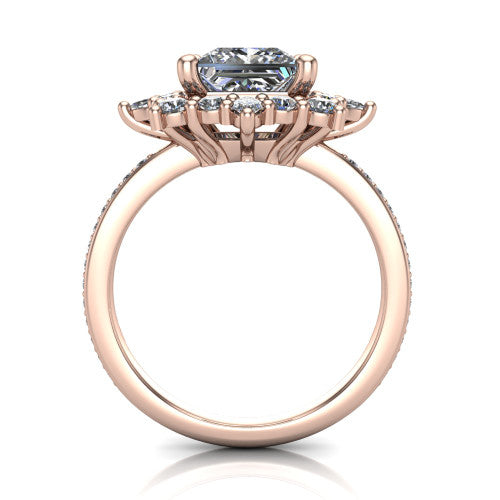 Kali princess vintage halo engagement ring in 14K Rose Gold, through-finger front profile showing the scalloped halo head and openwork gallery above the pav&eacute; band