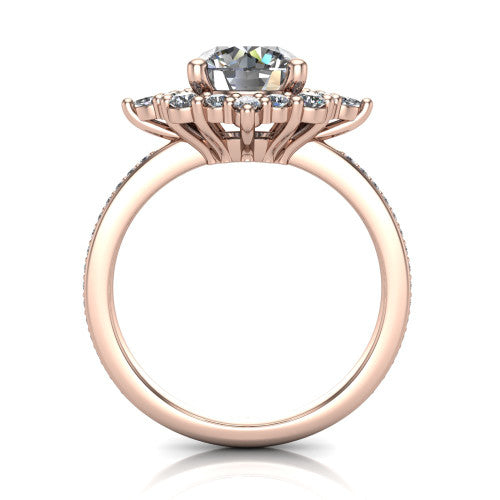 Kali round vintage halo engagement ring in 14K Rose Gold, through-finger front profile showing the scalloped halo head and openwork gallery above the pav&eacute; band
