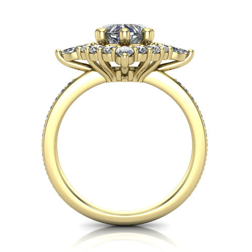 Kali heart vintage halo engagement ring in 14K Yellow Gold, through-finger front profile showing the scalloped halo head and openwork gallery above the pav&eacute; band