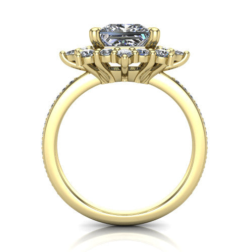 Kali princess vintage halo engagement ring in 18K Yellow Gold, through-finger front profile showing the scalloped halo head and openwork gallery above the pav&eacute; band