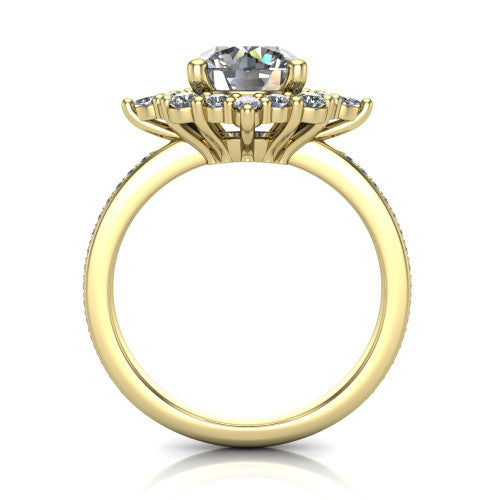 Kali round vintage halo engagement ring in 18K Yellow Gold, through-finger front profile showing the scalloped halo head and openwork gallery above the pav&eacute; band
