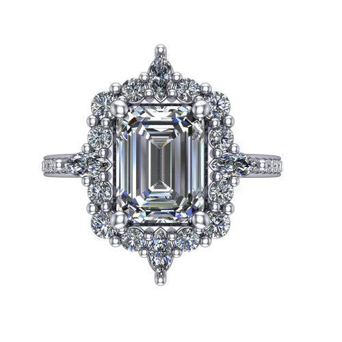 Kali emerald vintage halo engagement ring in Platinum, top-down view showing the ornate scalloped halo framing the emerald center with marquise corner points