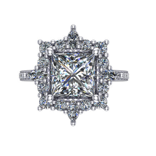 Kali princess vintage halo engagement ring in Platinum, top-down view showing the ornate scalloped halo framing the princess center with marquise corner points