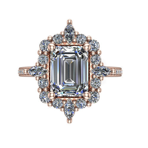 Kali emerald vintage halo engagement ring in 18K Rose Gold, top-down view showing the ornate scalloped halo framing the emerald center with marquise corner points