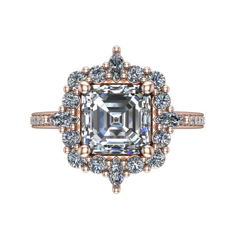 Kali square emerald vintage halo engagement ring in 18K Rose Gold, top-down view showing the ornate scalloped halo framing the square emerald center with marquise corner points