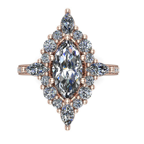 Kali marquise vintage halo engagement ring in 14K Rose Gold, top-down view showing the ornate scalloped halo framing the marquise center with marquise corner points