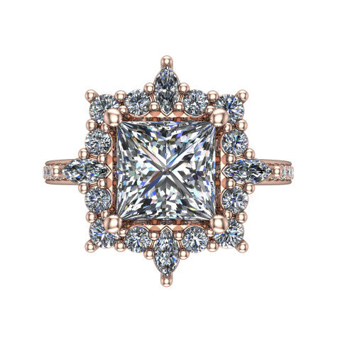 Kali princess vintage halo engagement ring in 14K Rose Gold, top-down view showing the ornate scalloped halo framing the princess center with marquise corner points