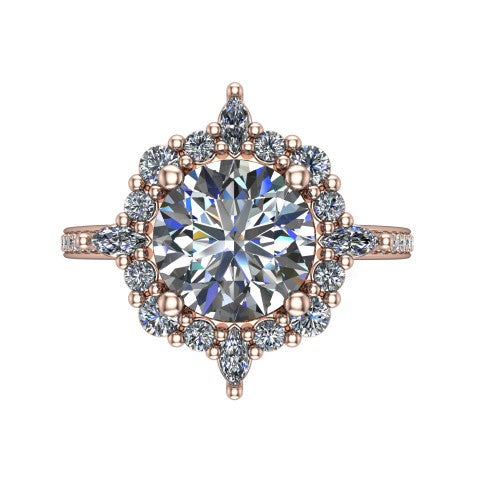 Kali round vintage halo engagement ring in 14K Rose Gold, top-down view showing the ornate scalloped halo framing the round center with marquise corner points