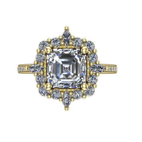 Kali square emerald vintage halo engagement ring in 18K Yellow Gold, top-down view showing the ornate scalloped halo framing the square emerald center with marquise corner points