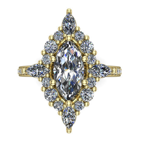 Kali marquise vintage halo engagement ring in 18K Yellow Gold, top-down view showing the ornate scalloped halo framing the marquise center with marquise corner points
