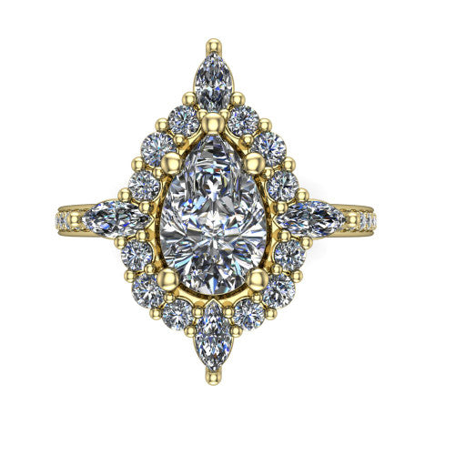 Kali pear vintage halo engagement ring in 14K Yellow Gold, top-down view showing the ornate scalloped halo framing the pear center with marquise corner points
