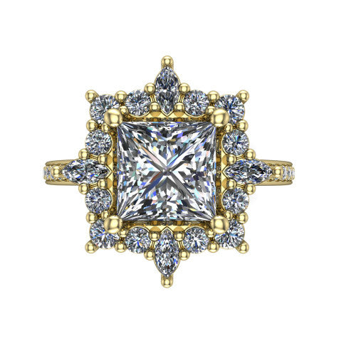 Kali princess vintage halo engagement ring in 14K Yellow Gold, top-down view showing the ornate scalloped halo framing the princess center with marquise corner points