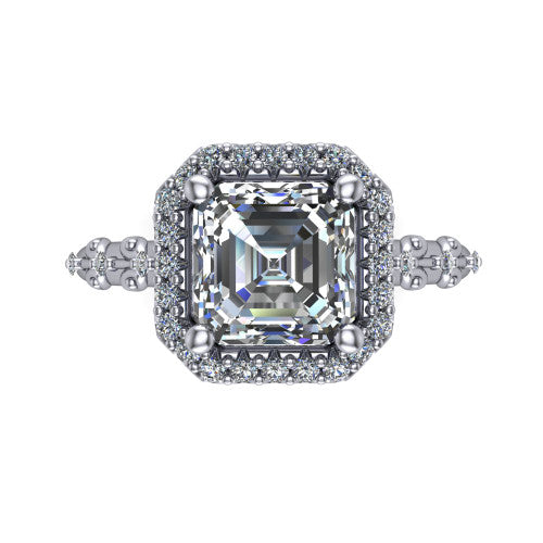 Eleanor emerald vintage halo engagement ring in Platinum, top-down view showing the squared pav&eacute; halo framing the emerald center