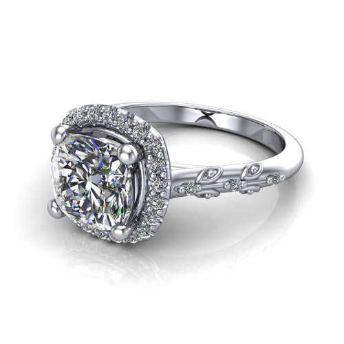 Eleanor cushion vintage halo engagement ring in 18K White Gold, three-quarter perspective showing the cushion center in a squared pav&eacute; halo above a floral filigree pav&eacute; band