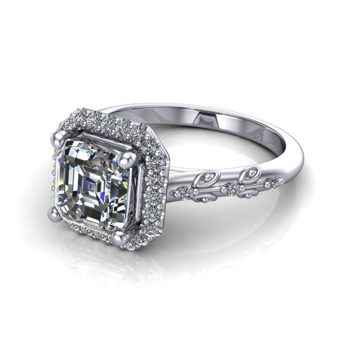 Eleanor square emerald vintage halo engagement ring in 18K White Gold, three-quarter perspective showing the square emerald center in a squared pav&eacute; halo above a floral filigree pav&eacute; band
