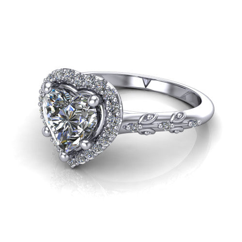 Eleanor heart vintage halo engagement ring in Platinum, three-quarter perspective showing the heart center in a squared pav&eacute; halo above a floral filigree pav&eacute; band