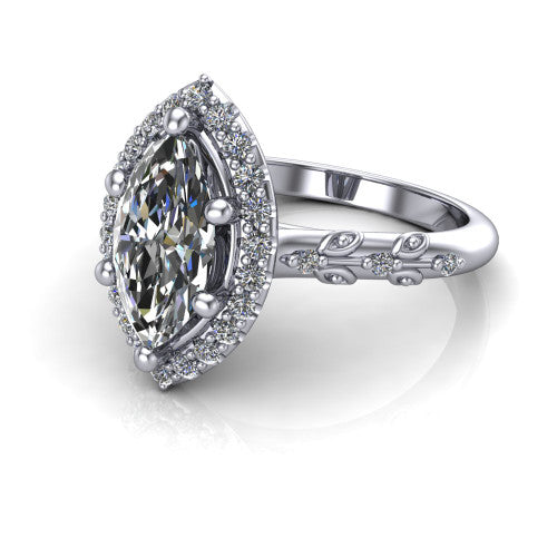 Eleanor marquise vintage halo engagement ring in 14K White Gold, three-quarter perspective showing the marquise center in a squared pav&eacute; halo above a floral filigree pav&eacute; band