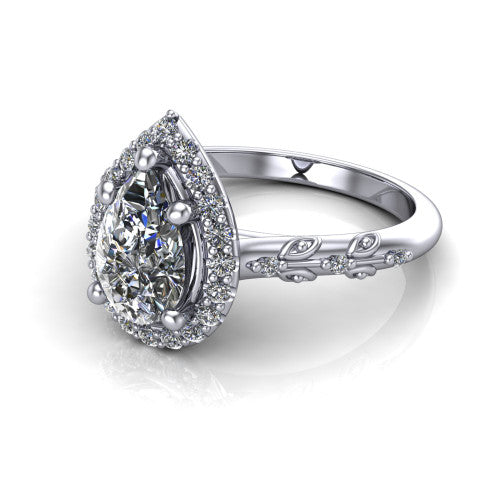Eleanor pear vintage halo engagement ring in 14K White Gold, three-quarter perspective showing the pear center in a squared pav&eacute; halo above a floral filigree pav&eacute; band