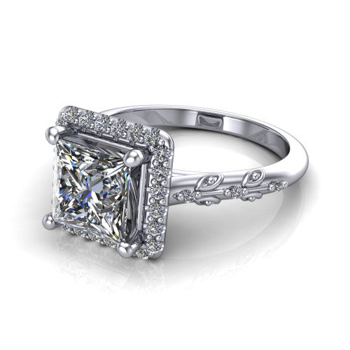 Eleanor princess vintage halo engagement ring in 14K White Gold, three-quarter perspective showing the princess center in a squared pav&eacute; halo above a floral filigree pav&eacute; band