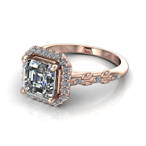 Eleanor square emerald vintage halo engagement ring in 18K Rose Gold, three-quarter perspective showing the square emerald center in a squared pav&eacute; halo above a floral filigree pav&eacute; band