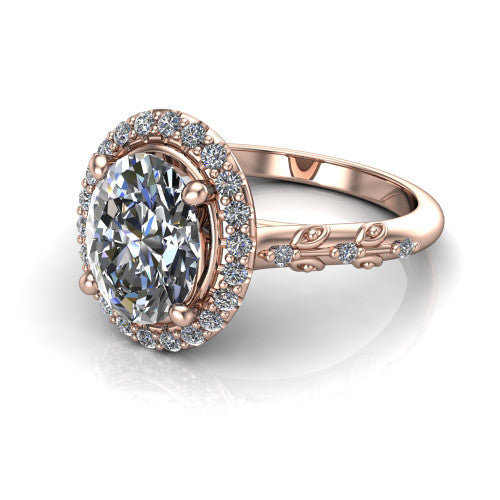 Eleanor oval vintage halo engagement ring in 14K Rose Gold, three-quarter perspective showing the oval center in a squared pav&eacute; halo above a floral filigree pav&eacute; band