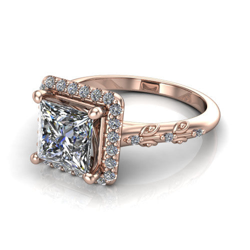 Eleanor princess vintage halo engagement ring in 14K Rose Gold, three-quarter perspective showing the princess center in a squared pav&eacute; halo above a floral filigree pav&eacute; band