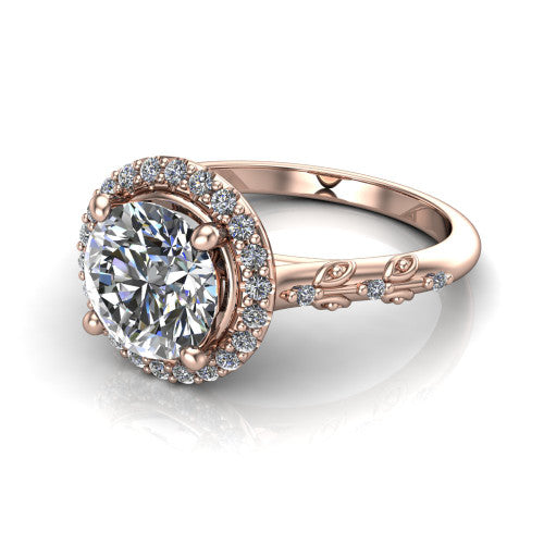 Eleanor round vintage halo engagement ring in 14K Rose Gold, three-quarter perspective showing the round center in a squared pav&eacute; halo above a floral filigree pav&eacute; band