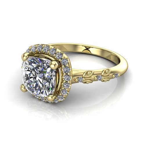 Eleanor cushion vintage halo engagement ring in 14K Yellow Gold, three-quarter perspective showing the cushion center in a squared pav&eacute; halo above a floral filigree pav&eacute; band