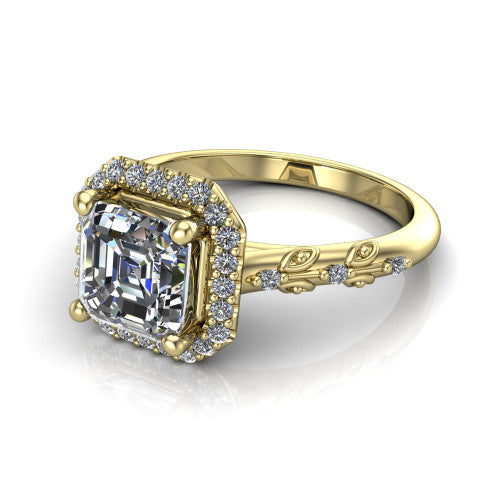 Eleanor square emerald vintage halo engagement ring in 14K Yellow Gold, three-quarter perspective showing the square emerald center in a squared pav&eacute; halo above a floral filigree pav&eacute; band