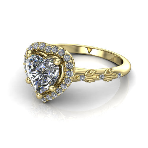 Eleanor heart vintage halo engagement ring in 14K Yellow Gold, three-quarter perspective showing the heart center in a squared pav&eacute; halo above a floral filigree pav&eacute; band