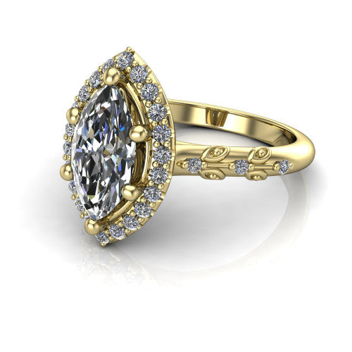 Eleanor marquise vintage halo engagement ring in 14K Yellow Gold, three-quarter perspective showing the marquise center in a squared pav&eacute; halo above a floral filigree pav&eacute; band