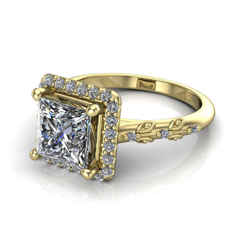Eleanor princess vintage halo engagement ring in 14K Yellow Gold, three-quarter perspective showing the princess center in a squared pav&eacute; halo above a floral filigree pav&eacute; band