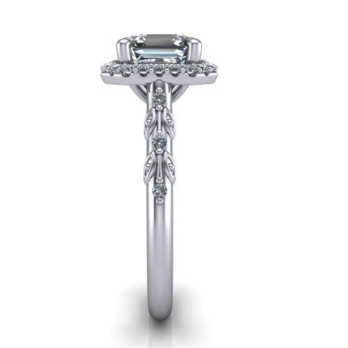 Eleanor emerald vintage halo engagement ring in Platinum, side profile showing the floral filigree leaf scrollwork on the pav&eacute; band and the squared halo in profile
