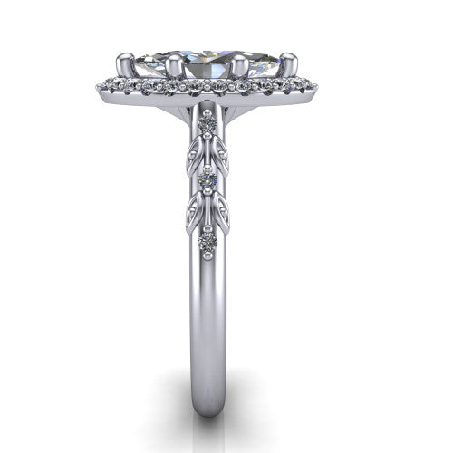 Eleanor marquise vintage halo engagement ring in Platinum, side profile showing the floral filigree leaf scrollwork on the pav&eacute; band and the squared halo in profile