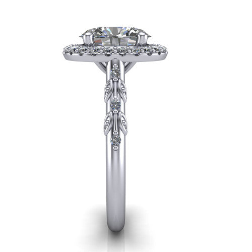 Eleanor oval vintage halo engagement ring in 14K White Gold, side profile showing the floral filigree leaf scrollwork on the pav&eacute; band and the squared halo in profile