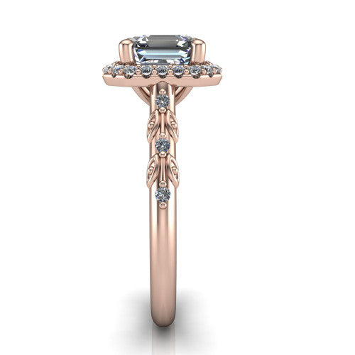 Eleanor square emerald vintage halo engagement ring in 18K Rose Gold, side profile showing the floral filigree leaf scrollwork on the pav&eacute; band and the squared halo in profile