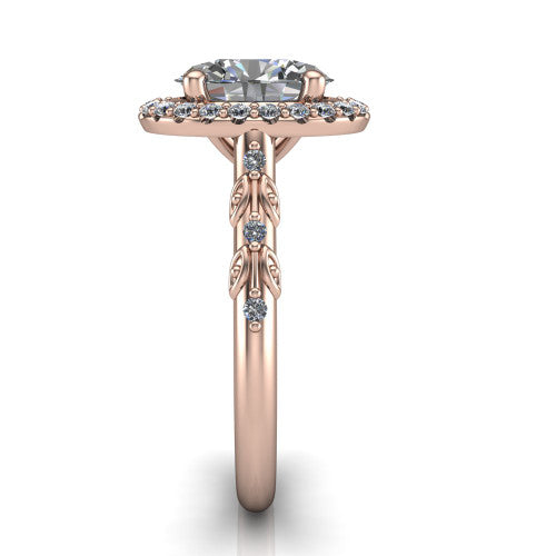 Eleanor oval vintage halo engagement ring in 18K Rose Gold, side profile showing the floral filigree leaf scrollwork on the pav&eacute; band and the squared halo in profile