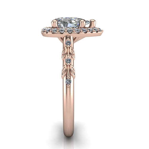 Eleanor pear vintage halo engagement ring in 18K Rose Gold, side profile showing the floral filigree leaf scrollwork on the pav&eacute; band and the squared halo in profile