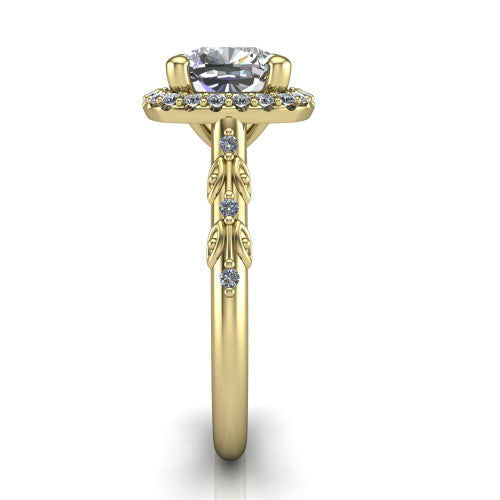 Eleanor cushion vintage halo engagement ring in 18K Yellow Gold, side profile showing the floral filigree leaf scrollwork on the pav&eacute; band and the squared halo in profile
