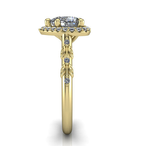 Eleanor heart vintage halo engagement ring in 14K Yellow Gold, side profile showing the floral filigree leaf scrollwork on the pav&eacute; band and the squared halo in profile