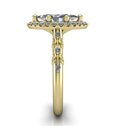 Eleanor marquise vintage halo engagement ring in 14K Yellow Gold, side profile showing the floral filigree leaf scrollwork on the pav&eacute; band and the squared halo in profile