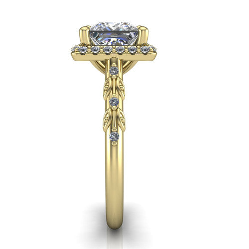 Eleanor princess vintage halo engagement ring in 18K Yellow Gold, side profile showing the floral filigree leaf scrollwork on the pav&eacute; band and the squared halo in profile