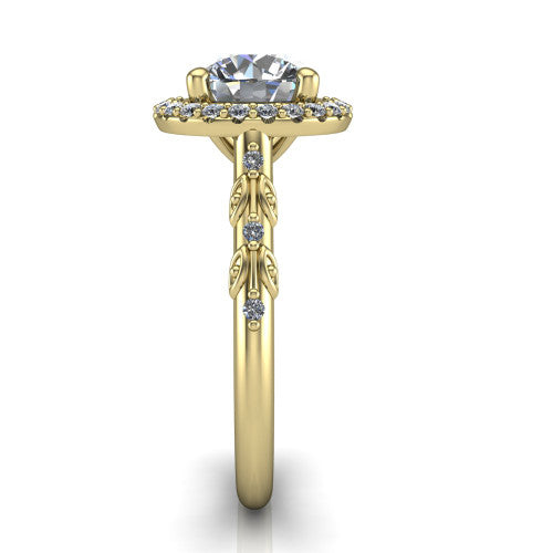 Eleanor round vintage halo engagement ring in 18K Yellow Gold, side profile showing the floral filigree leaf scrollwork on the pav&eacute; band and the squared halo in profile