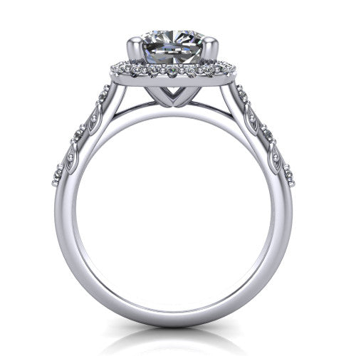 Eleanor cushion vintage halo engagement ring in 14K White Gold, through-finger front profile showing the halo head and filigree gallery above the pav&eacute; band
