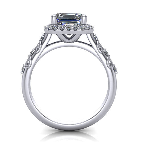 Eleanor square emerald vintage halo engagement ring in 14K White Gold, through-finger front profile showing the halo head and filigree gallery above the pav&eacute; band